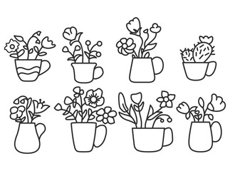 Set of cups of tea with flowers.Porcelain flower cups.A bouquet of flowers in a cup.Outline vector illustration.Isolated on white background.
