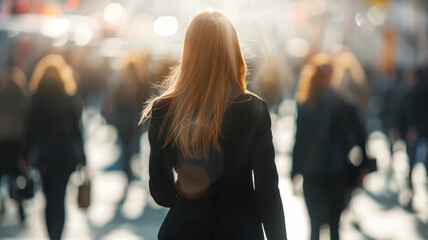 A business woman walking in the middle of a blurred crowd of people in the city. - 797773383