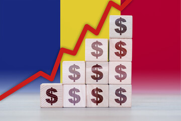Romania economic collapse, increasing values with cubes, financial decline, crisis and downgrade...