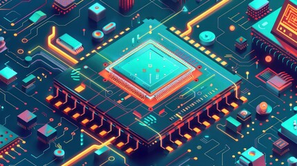 AI computer semiconductor circuit board processor technology background 3D design illustration.	
