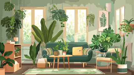 Interior of modern living room with green houseplants