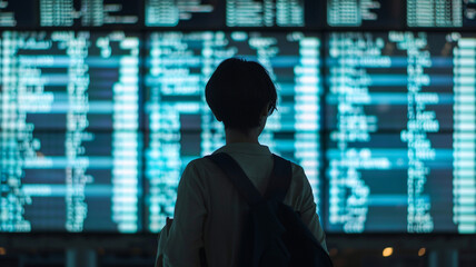person standing in front of an airplane flight information board - 797773589