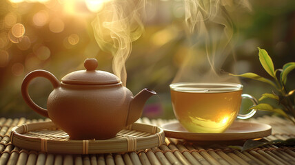 A steaming cup of green tea and an earthen teapot on bamboo plates. - 797773746