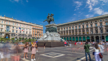 Vittorio Emanuele II statue at Piazza del Duomo timelapse hyperlapse. Milan in Lombardy, Italy.