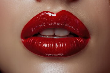 Obraz premium Sexy Lips, Glossy Red Lipstick, Generative AI