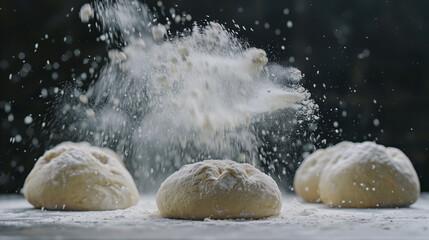 Cook hands kneading dough, sprinkling piece of dough with white wheat flour.
