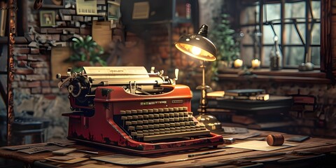 A vintage typewriter on a table near a window, evoking nostalgia and creativity. - obrazy, fototapety, plakaty
