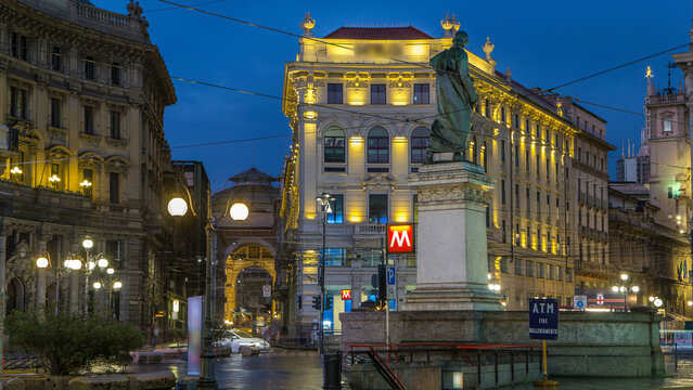 Cordusio Square and Dante street with surrounding palaces, houses and buildings day to night timelapse