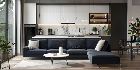 A blue sofa in a living room with a kitchen.