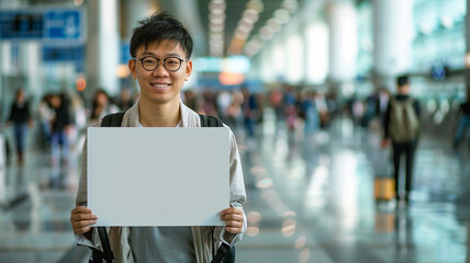 A young Asian man holding up an empty white sign at the airport - 797774122
