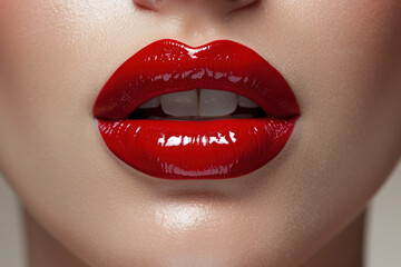 Obraz premium Sexy Lips, Glossy Red Lipstick, Generative AI