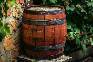 Fototapeta premium Vintage wooden barrel standing against a rustic brick wall, symbolizing traditional storage methods in winemaking or brewing. Concept for storage, wine production, winery.