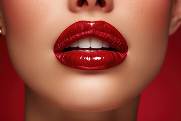 Fototapeta premium Sexy Lips, Glossy Red Lipstick, Generative AI