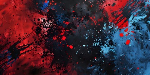 Abstract painting with red, blue, and black swirls.
