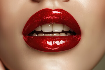 Obraz premium Sexy Lips, Glossy Red Lipstick, Generative AI