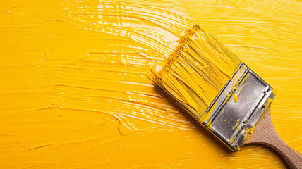 paintbrush with yellow color on a wall - 797774349