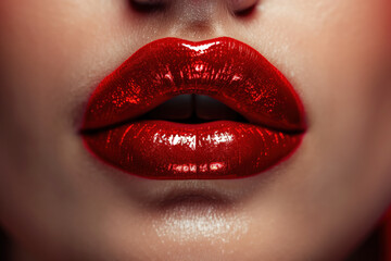 Obraz premium Sexy Lips, Glossy Red Lipstick, Generative AI