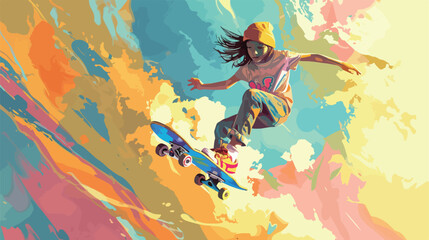 Jumping little girl with skateboard on color background - obrazy, fototapety, plakaty