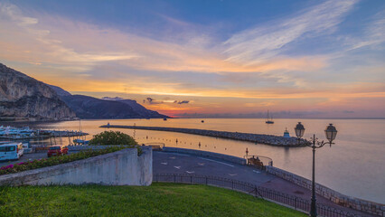 Sunrise view of sea and landscape timelapse from Beaulieu sur mer, France.