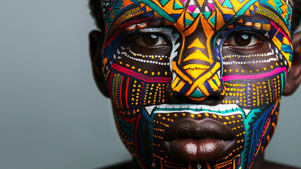 African man with face painted in the style of African tribal designs - 797774586
