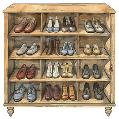 Hand drawn vector illustration of a set of different shoes in a wooden shelf.