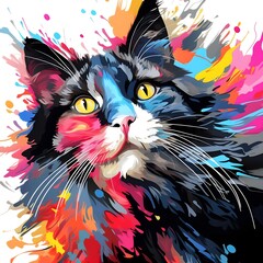 multi color cat graphic , in the style of glitch art, close-up shots, dark black and light black, inkblots, low resolution, avacadopunk, hyper-realism