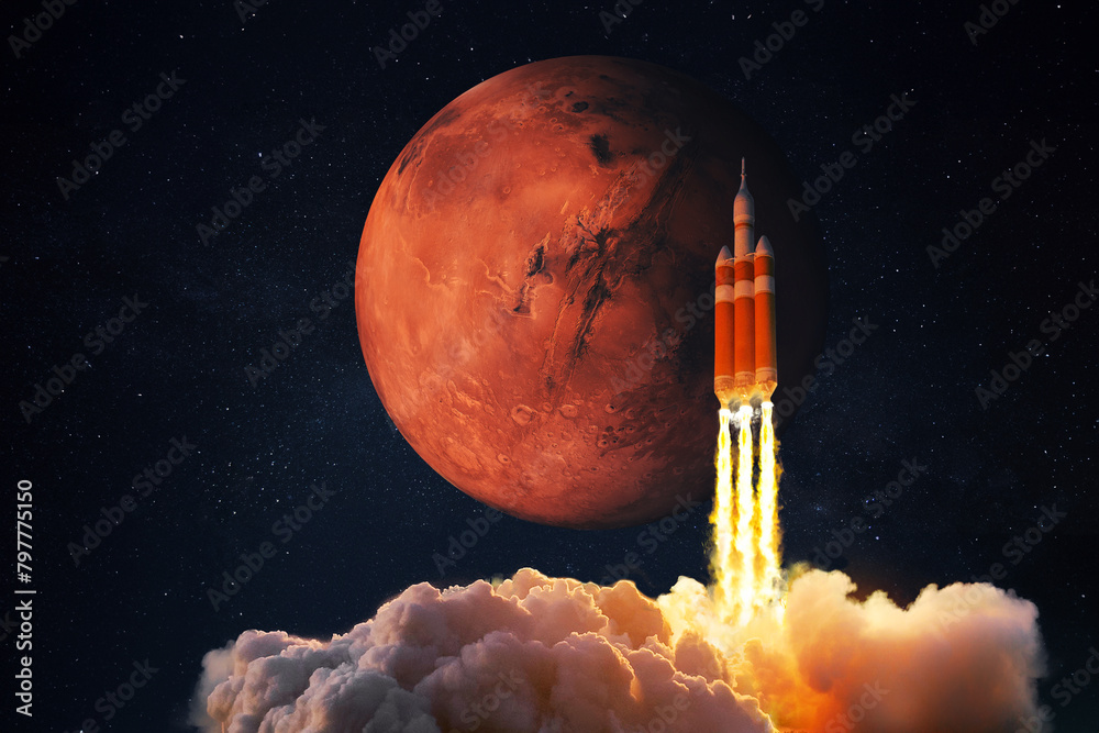 Poster Spacecraft takes off into space. Rocket flies to Mars. Red planet Mars in space. Launch and Start