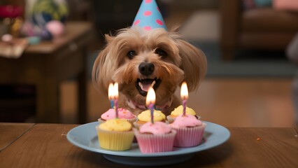 A fluffy, light-brown dog with a joyful expression, wearing a blue party hat adorned with pink polka dots. The dog is positioned in front of a plate containing several small cupcakes