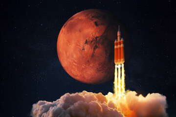 Spacecraft takes off into space. Rocket flies to Mars. Red planet Mars in space. Launch and Start © alones