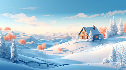 countryside holiday in the forest, winter season concept. wooden house in beautiful landscape in background