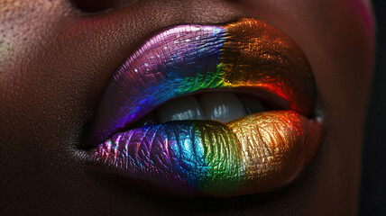 Black woman lips painted with rainbow lipstick - 797775340