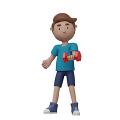A cartoon man is lifting weights with red dumbbells. He is wearing a blue shirt and blue shorts. 3d render