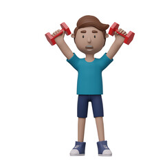 Fototapeta na wymiar A cartoon man is lifting weights with red dumbbells. He is wearing a blue shirt and blue shorts. 3d render