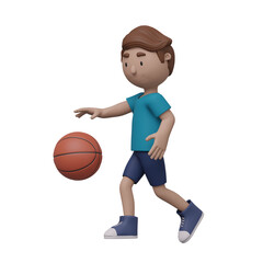 A cartoon boy is playing basketball with a ball.