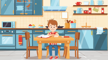 Little boy with pencil case at table in kitchen Vecto