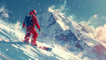 A thrilling illustration of a snowboarder on a snowy mountain
