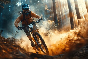 a person riding a bike in the woods