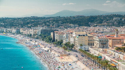 Nice beach day landscape aerial top view timelapse, France.