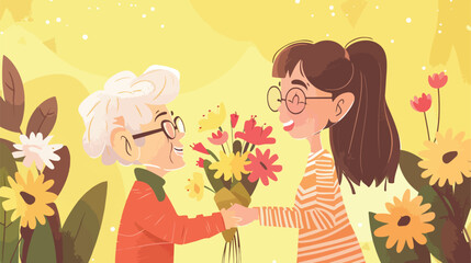 Obraz na płótnie Canvas Little girl greeting her grandmother with flowers on