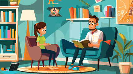 Fototapeta na wymiar Little girl studying with tutor at home Vector illustration
