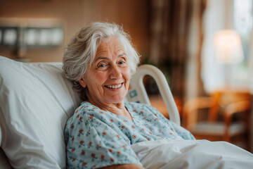 Happy senior woman recovering in the hospital bed. Copy space