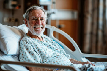 Happy senior man recovering in the hospital bed. Copy space