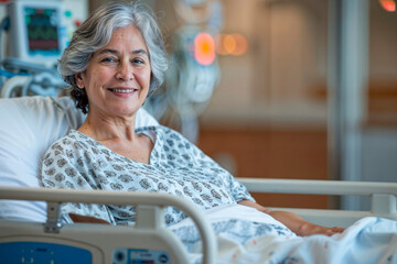 Happy mature woman recovering in the hospital bed. Copy space