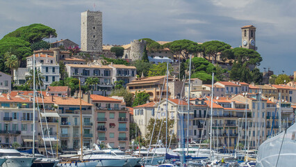 View of medieval Castre Castle and harbor with yachts timelapse.