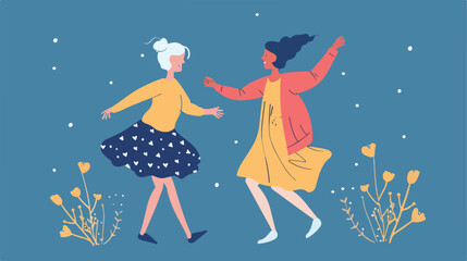 Little girl with her grandma dancing on blue background