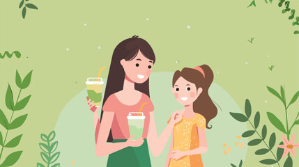 Little girl with her mother drinking smoothie on green