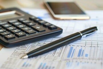 Black calculator, pen and smartphone on top of financial documents. 