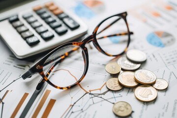 Glasses, calculator and coins on a financial graph with a white background.  - Powered by Adobe