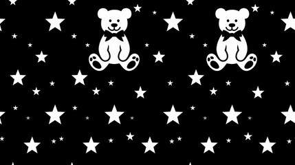 2D pattern repeat, teddy bear white silhouette, black background, generated with AI