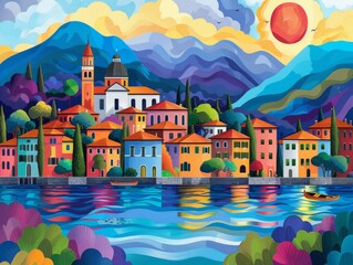 A colorful illustration of Gravedona ed Uniti seen from lake como, geometrical abstract, generated with AI